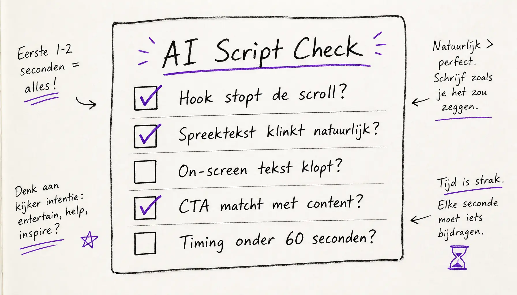 Handgetekende checklist voor het controleren van AI gegenereerde reel scripts