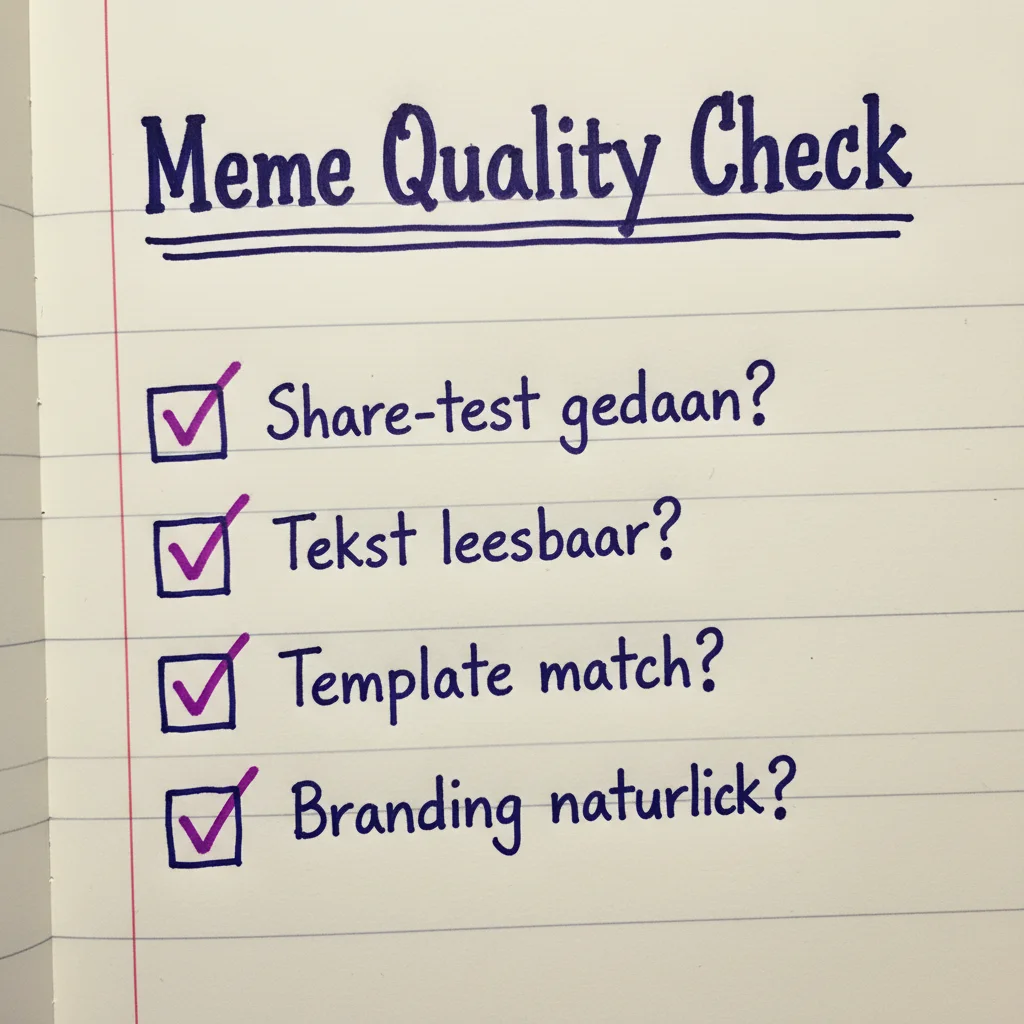 Meme advertentie quality checklist: share-test, text readability, template match, brand integration