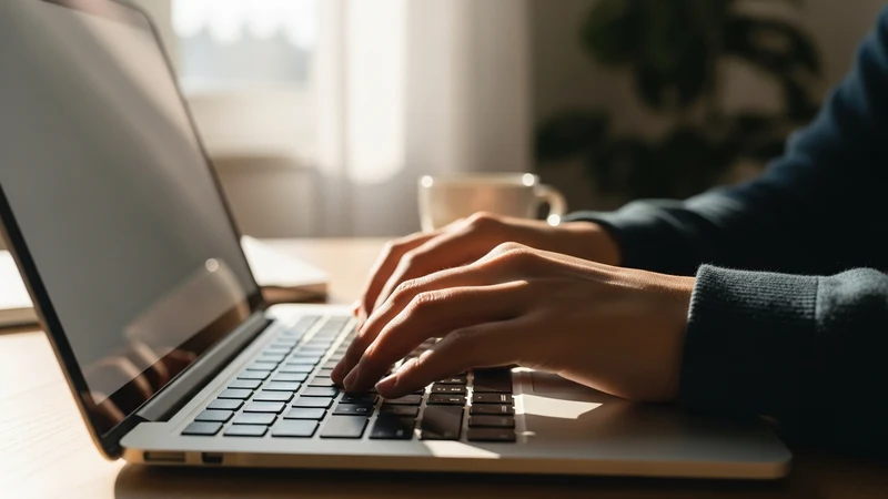 Close up of hands typing on a laptop keyboard in natural light