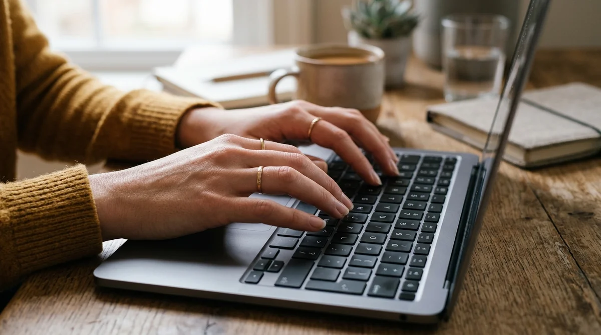 Person typing on laptop generating FAQ content with AI tool