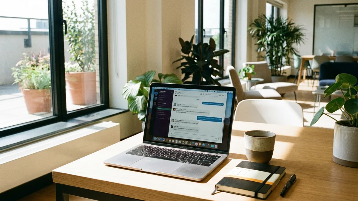 Modern bright office workspace with laptop showing chat messages, coffee cup and notebook on desk, natural daylight from window with plants in background