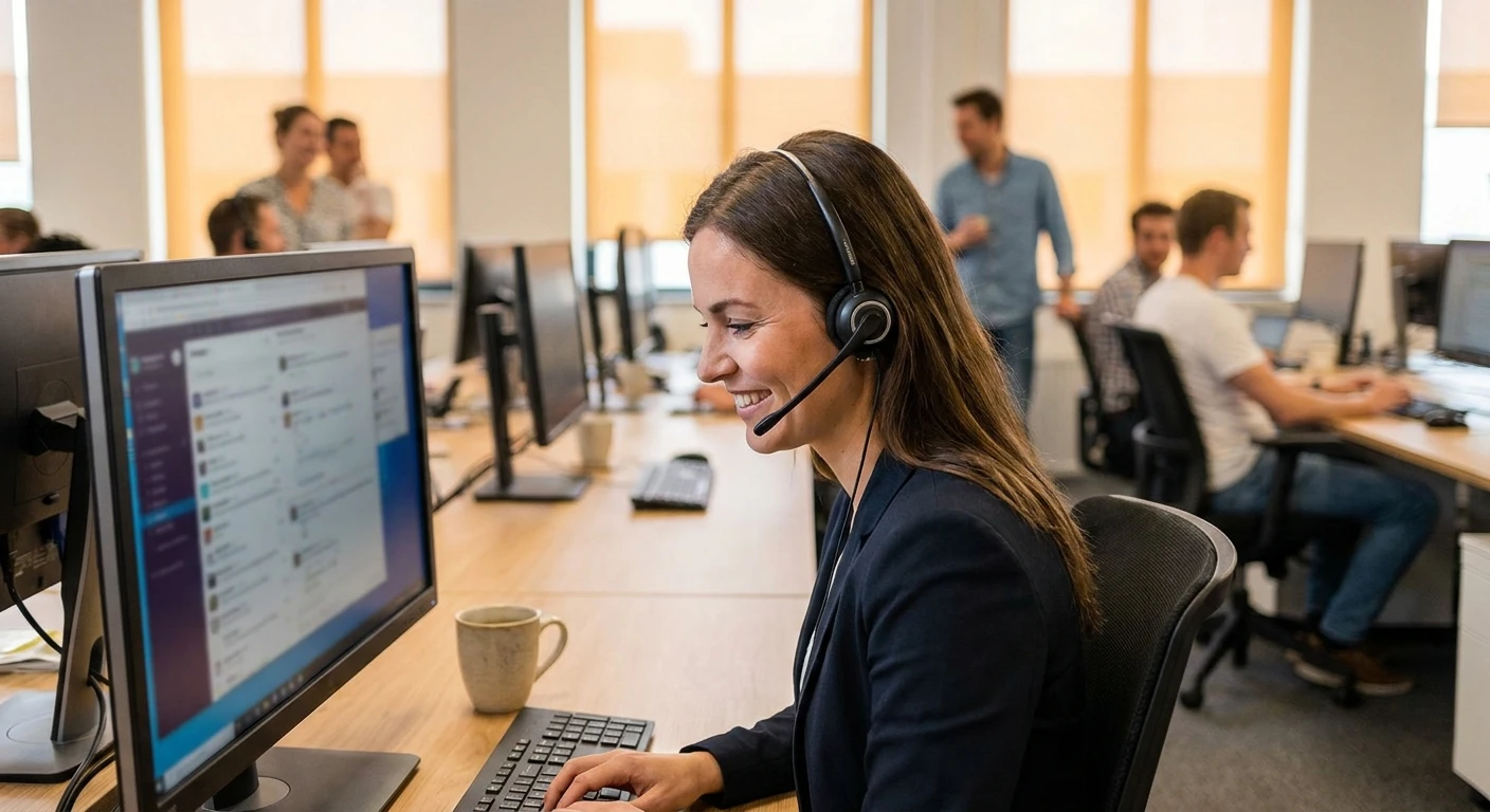 Friendly customer support agent wearing a headset smiling at a computer screen in a modern office with warm lighting
