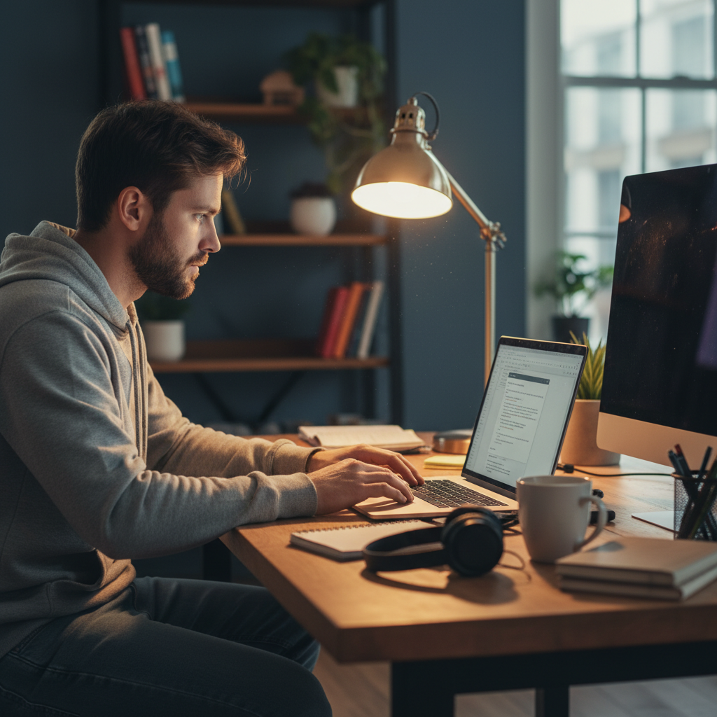 Developer working on Markdown content conversion at a desk with laptop