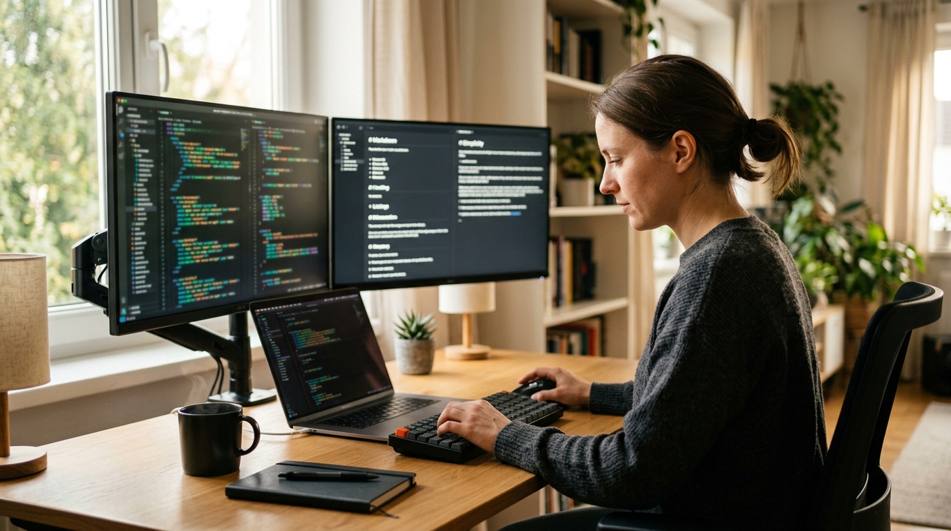 Developer desk with dual screens showing HTML code converted to Markdown format