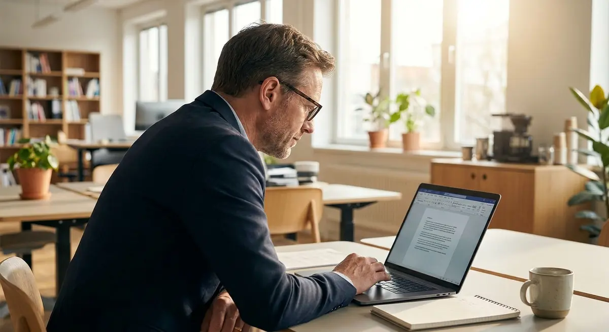 Professional working on document conversion at laptop desk with natural light