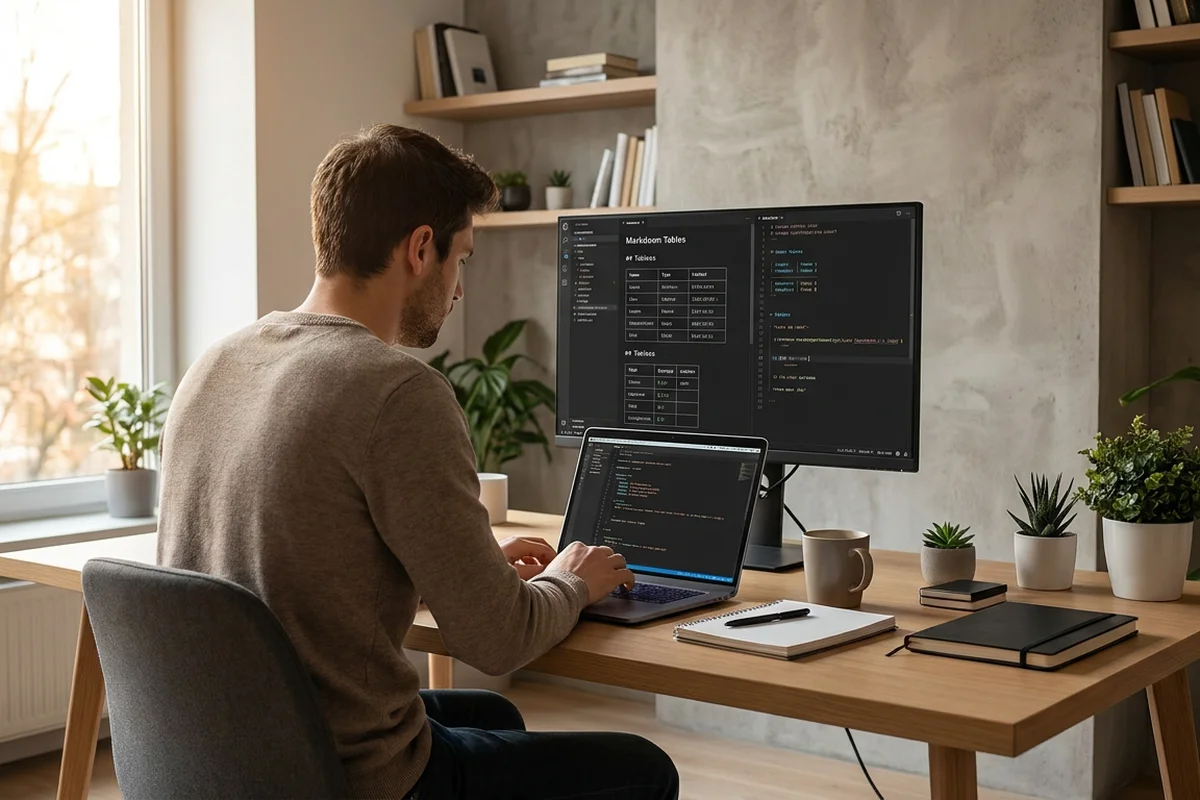 Developer working on documentation with Markdown tables on a laptop screen