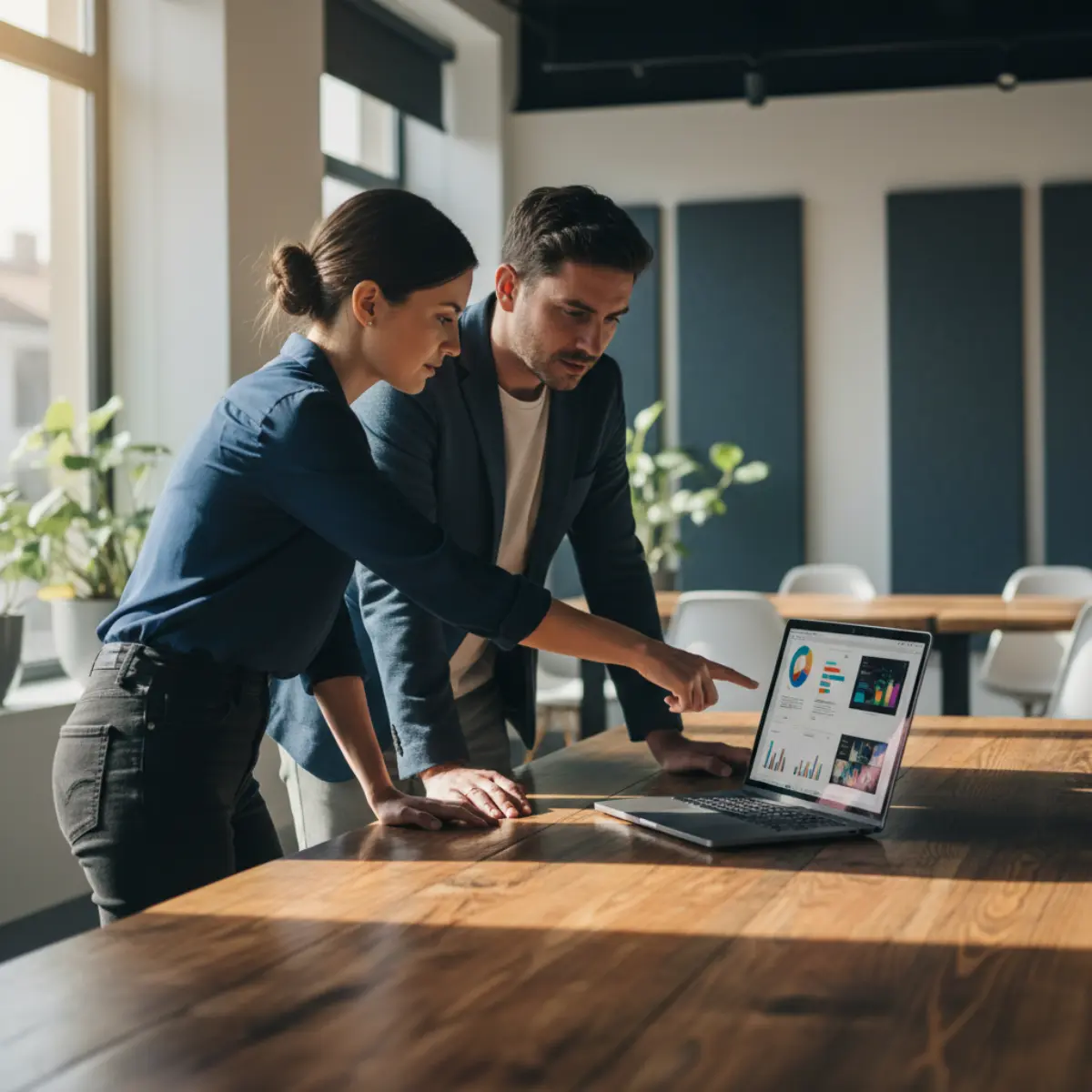 Two colleagues collaborating on AI content strategy at desk