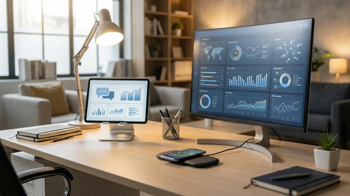 Organized desk with tablet showing conversation analysis dashboard, graphs and data visualizations on second monitor, smartphone on desk, modern tech workspace