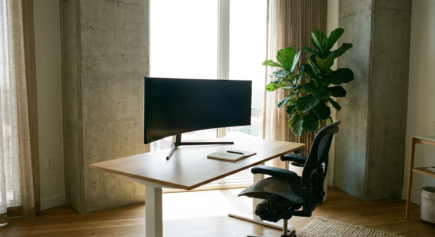 Modern home office workspace with large monitor ergonomic chair plant and notebook in bright daylight