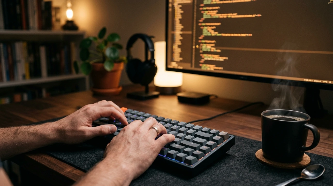 Developer hands typing on mechanical keyboard with screen glow in background