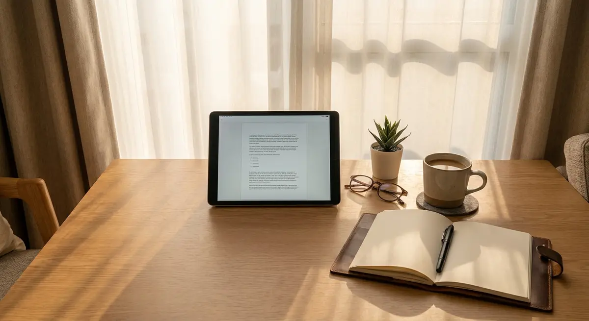 Organized desk workspace with notebook and tablet for document conversion workflow