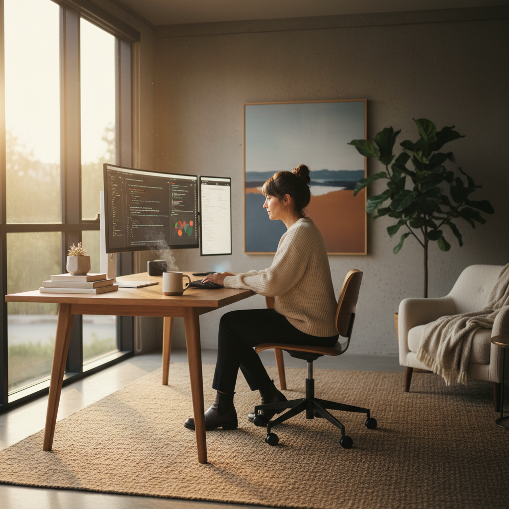 Solo founder working at a minimal desk in a sunlit home office