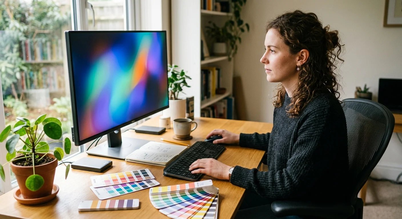 Web designer at desk with color swatch cards and abstract color gradients on screen