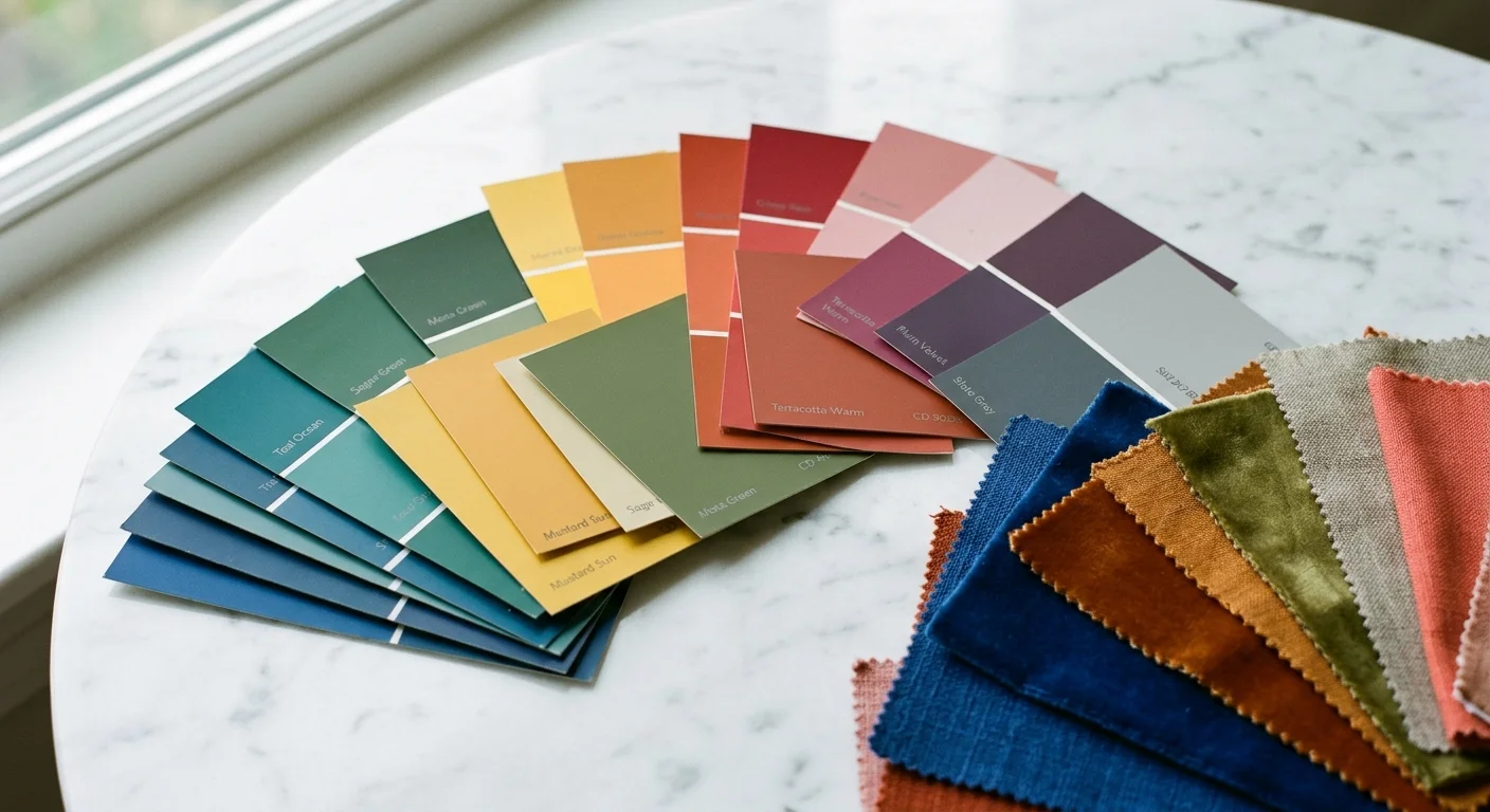 Colorful paint sample cards and fabric swatches fanned out on white marble surface
