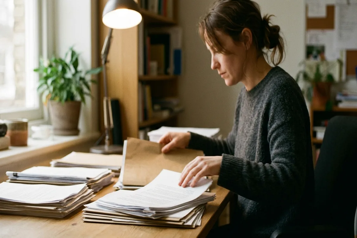 Person organizing printed documents and files on a modern office desk