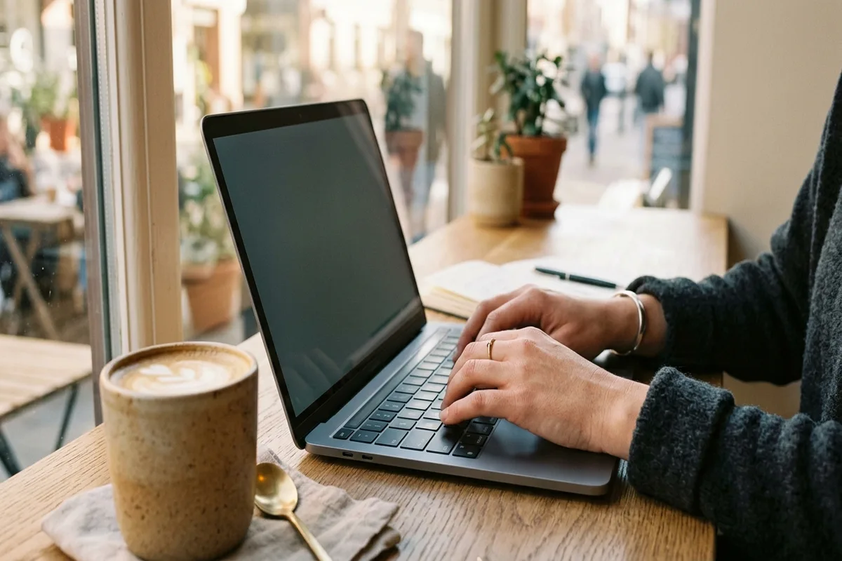 Person typing on a laptop keyboard in a modern workspace with morning light