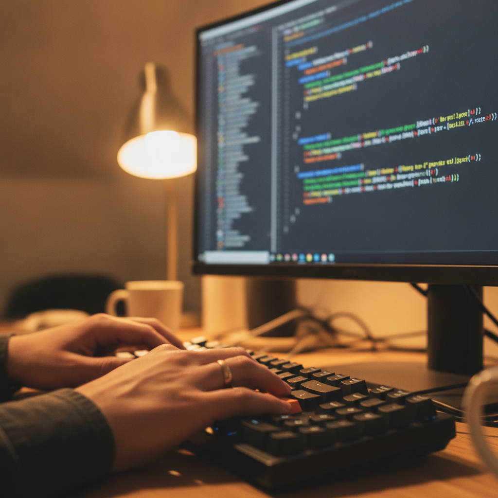 Developer typing on keyboard with JSON code on monitor in warm office lighting