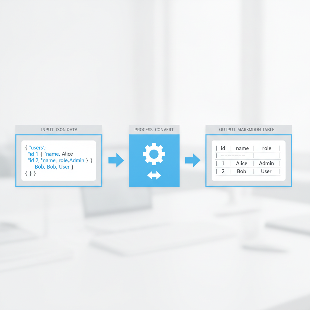 Three-panel workflow showing JSON data transforming into a formatted Markdown table