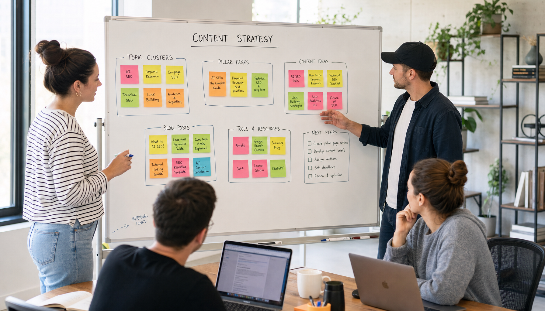 SEO specialist organizing keywords into topic clusters on a whiteboard