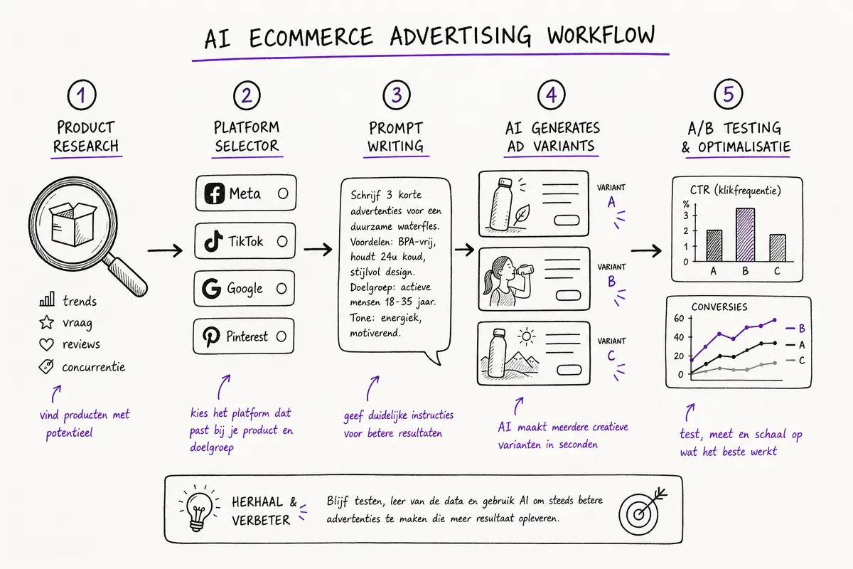 AI ecommerce advertentie workflow overzicht in handgetekende notebook stijl
