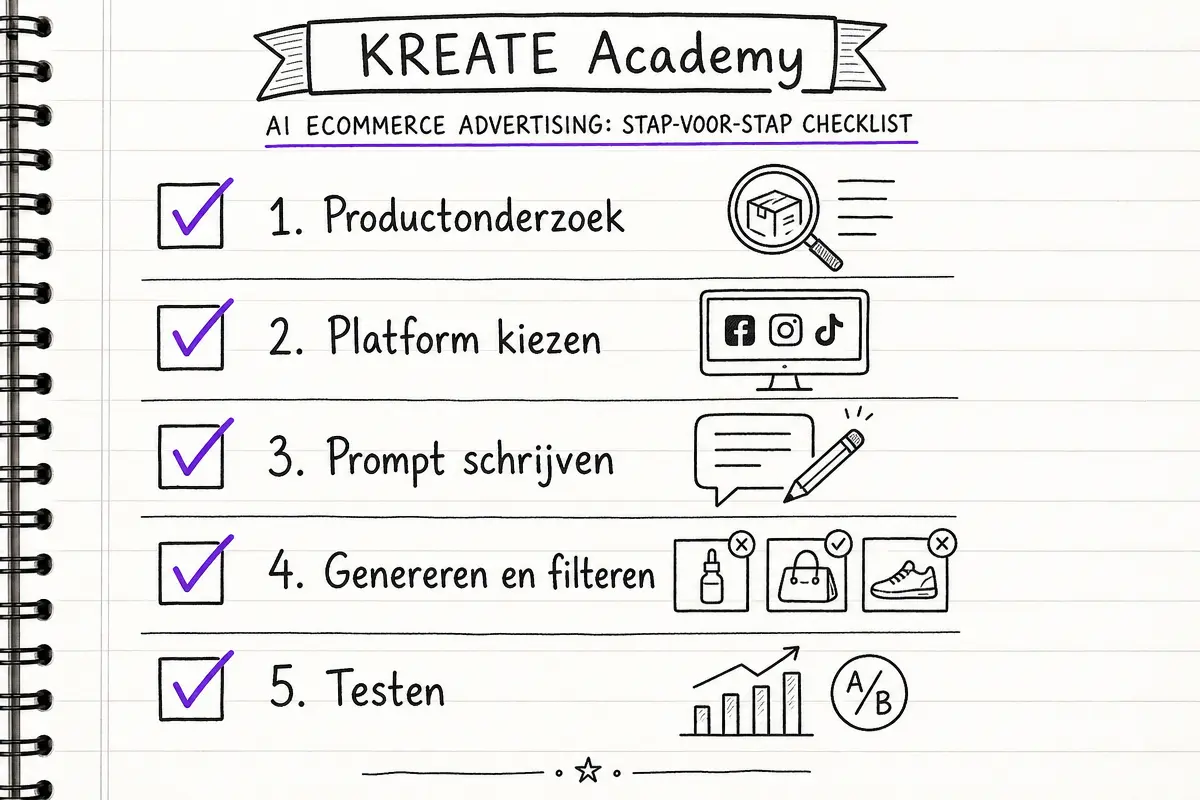 5-stappen AI advertentie workflow stappenplan in KREATE notebook stijl