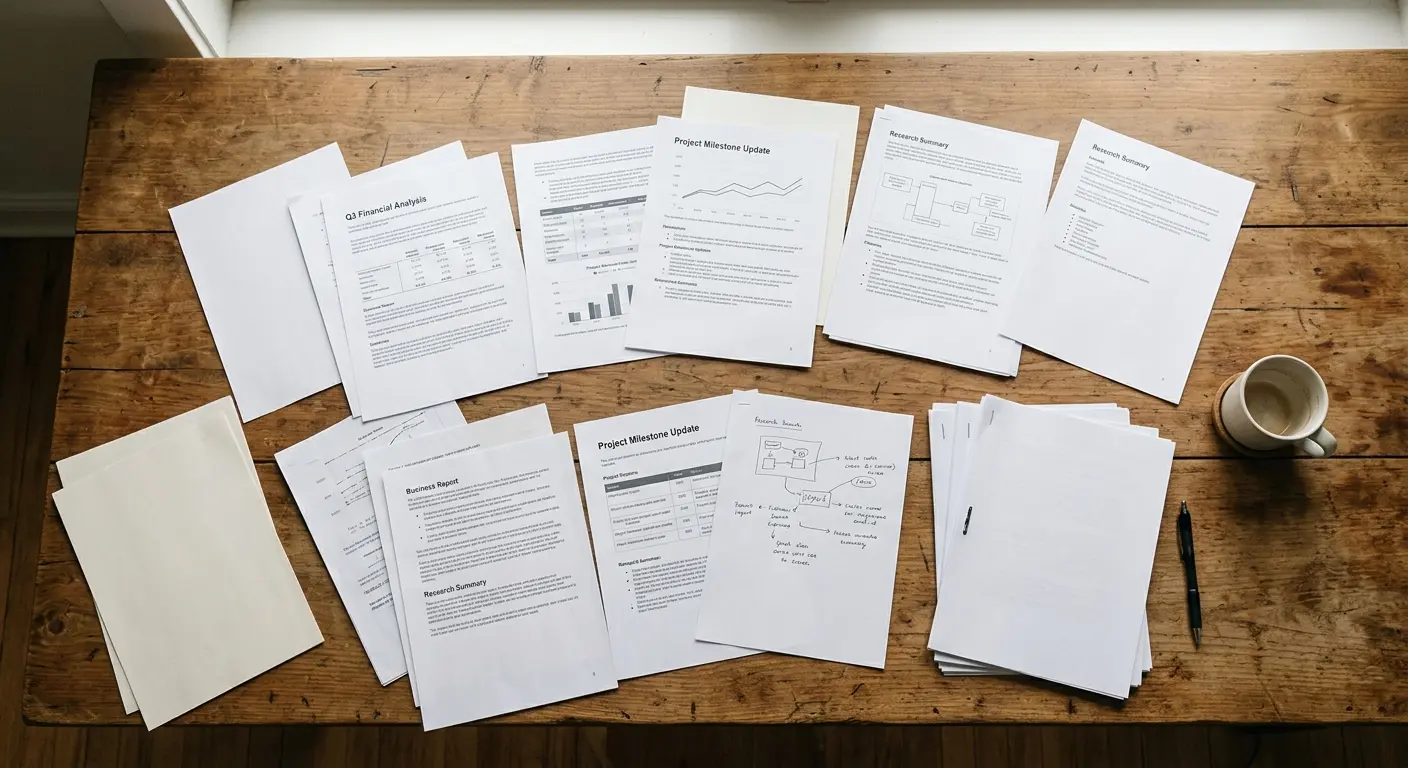 Printed PDF documents spread across a wooden desk with natural sunlight