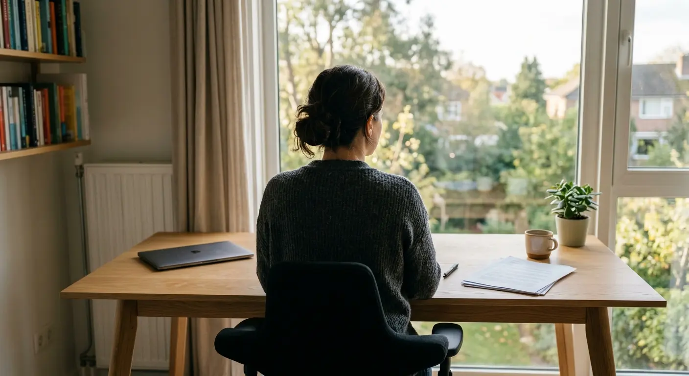 Person working at a clean modern desk with documents and laptop, calm productive workspace