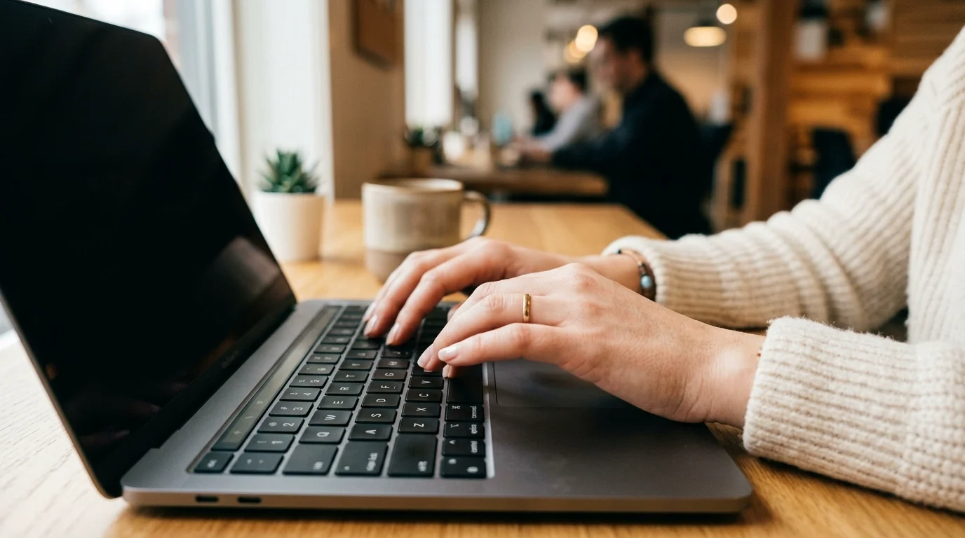 Close-up of hands typing on keyboard in modern workspace