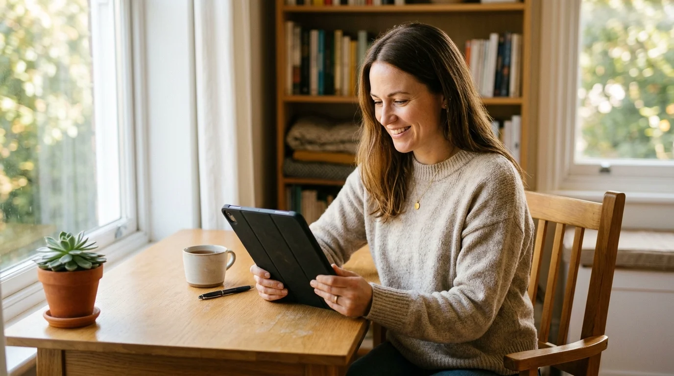 Person reviewing document on tablet at desk