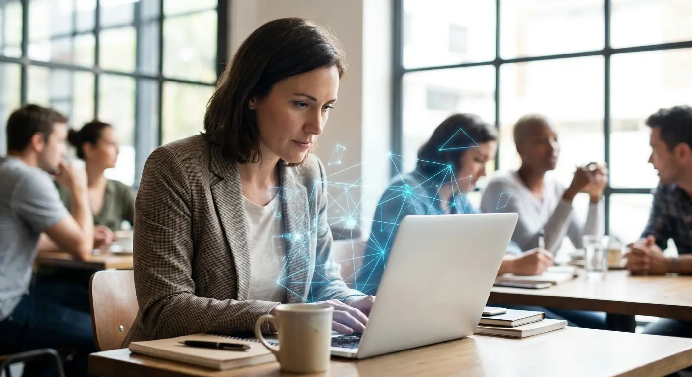 Researcher using laptop with abstract website data visualization glowing above the screen in a modern coffee shop setting