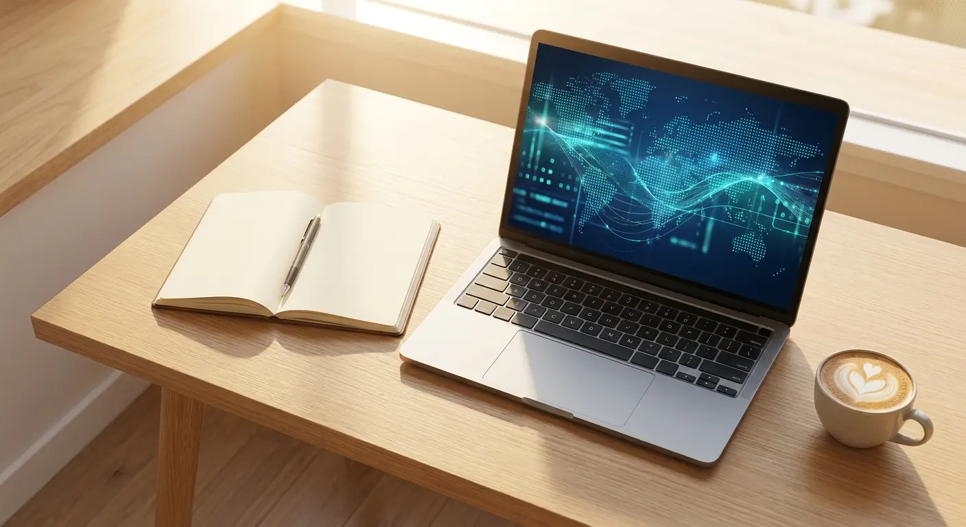 Overhead view of a clean organized desk with laptop showing abstract blue web data patterns, notebook, and coffee cup