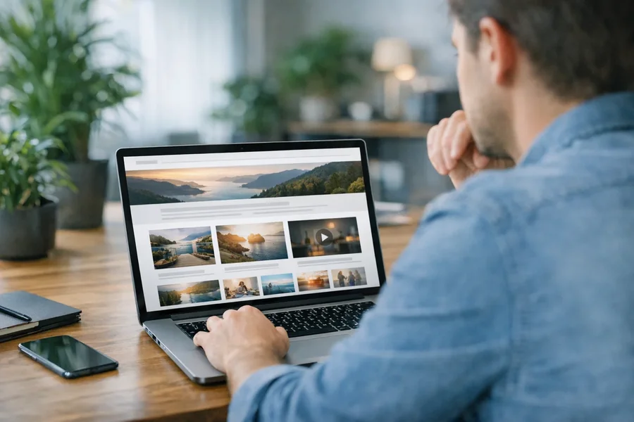 Person reviewing website FAQ content on laptop with notebook and coffee on desk