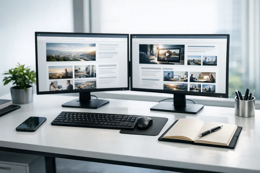 Workspace with dual monitors showing FAQ schema markup and website content side by side