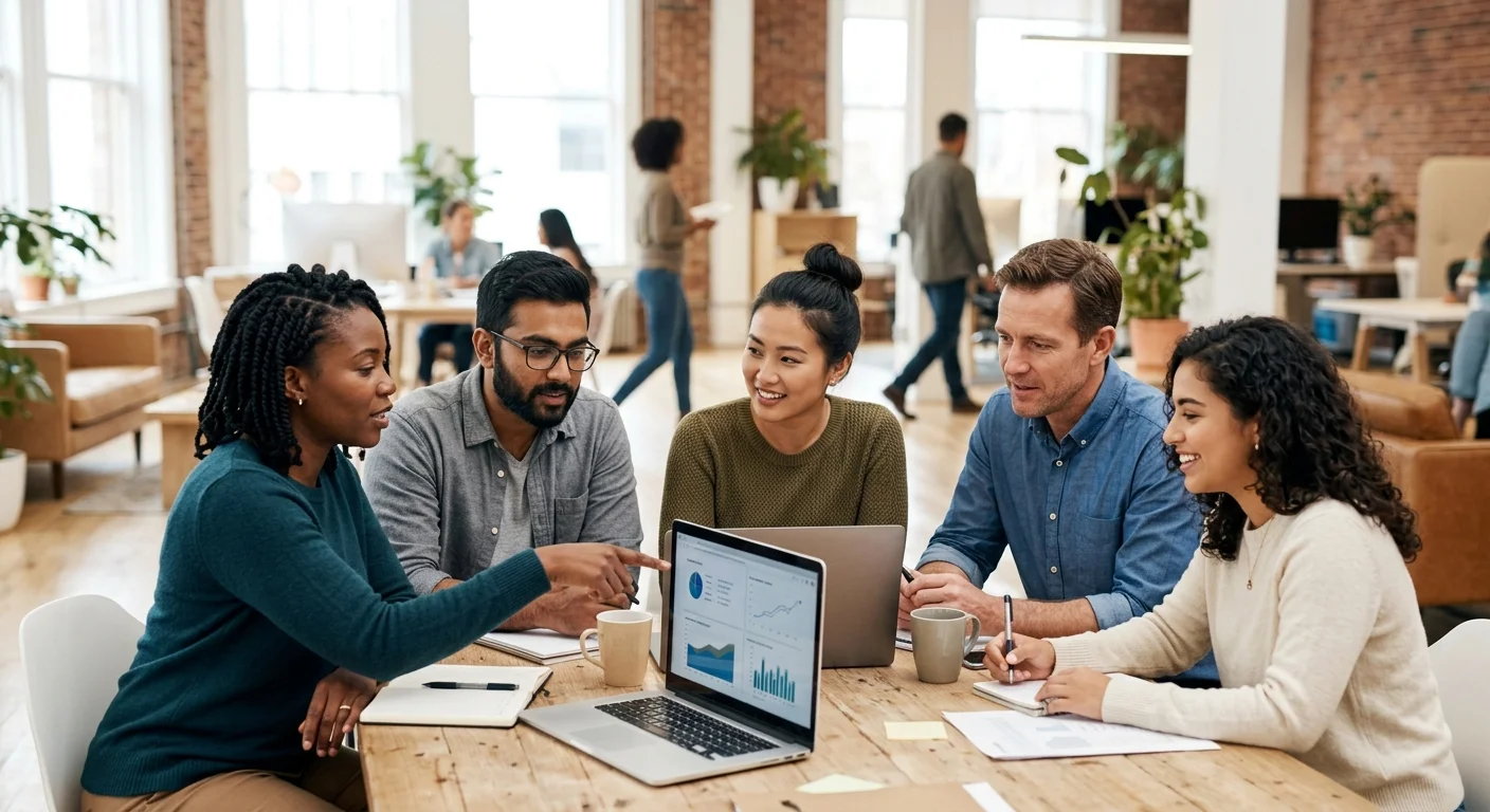 Team collaborating in a bright modern office environment