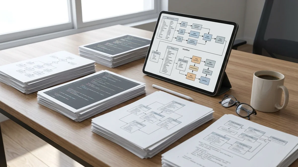 Technical professional reviewing data format documentation at modern desk