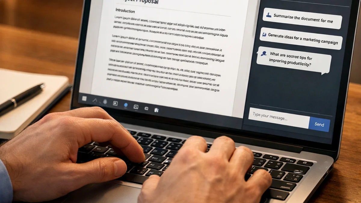 Desk setup with laptop showing AI chat interface next to printed Word document