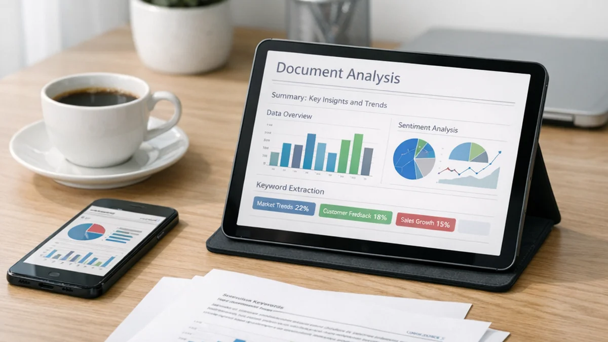 Modern workspace with tablet displaying AI document analysis on desk