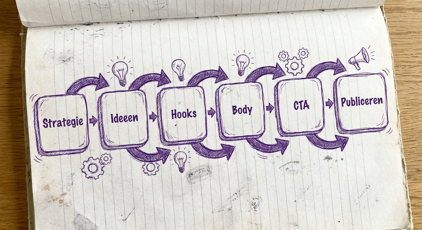 Workflow van social content strategie naar gepubliceerde post met AI, handgetekend stappenplan