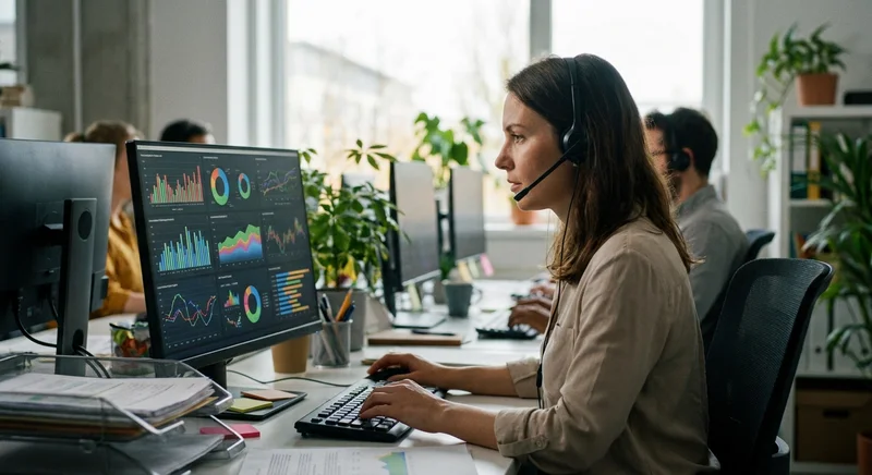 Customer support agent at a desk reviewing chatbot analytics dashboard on a monitor