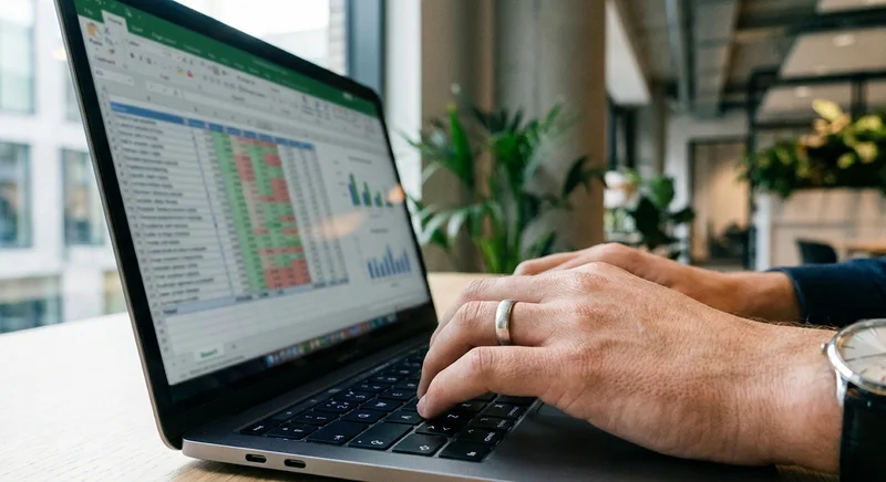 Close up of hands typing on a laptop showing a chatbot ROI calculator spreadsheet with savings projections