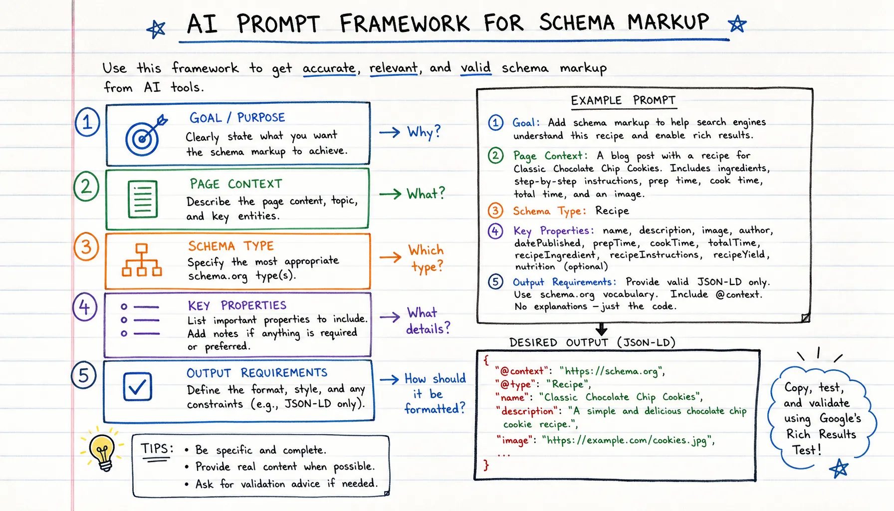 Handgetekende notebook illustratie van een AI prompt framework voor schema markup. Toont de 4 elementen van een goede prompt: type, context, velden, formaat. Violette accenten.