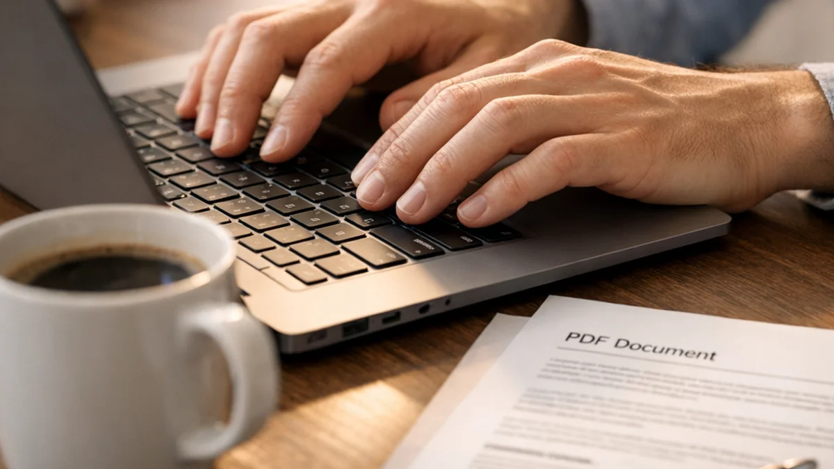 Person reviewing PDF document and FAQ content on laptop in modern office