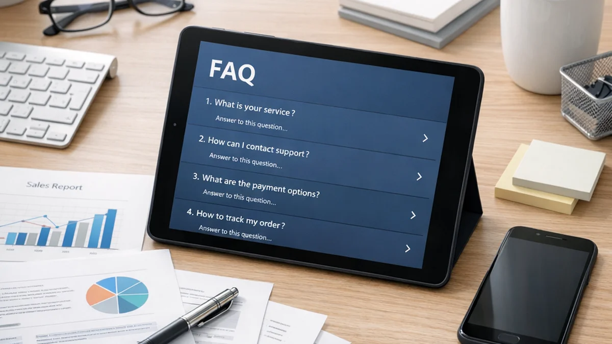 Hands typing on laptop with coffee and FAQ document on wooden desk