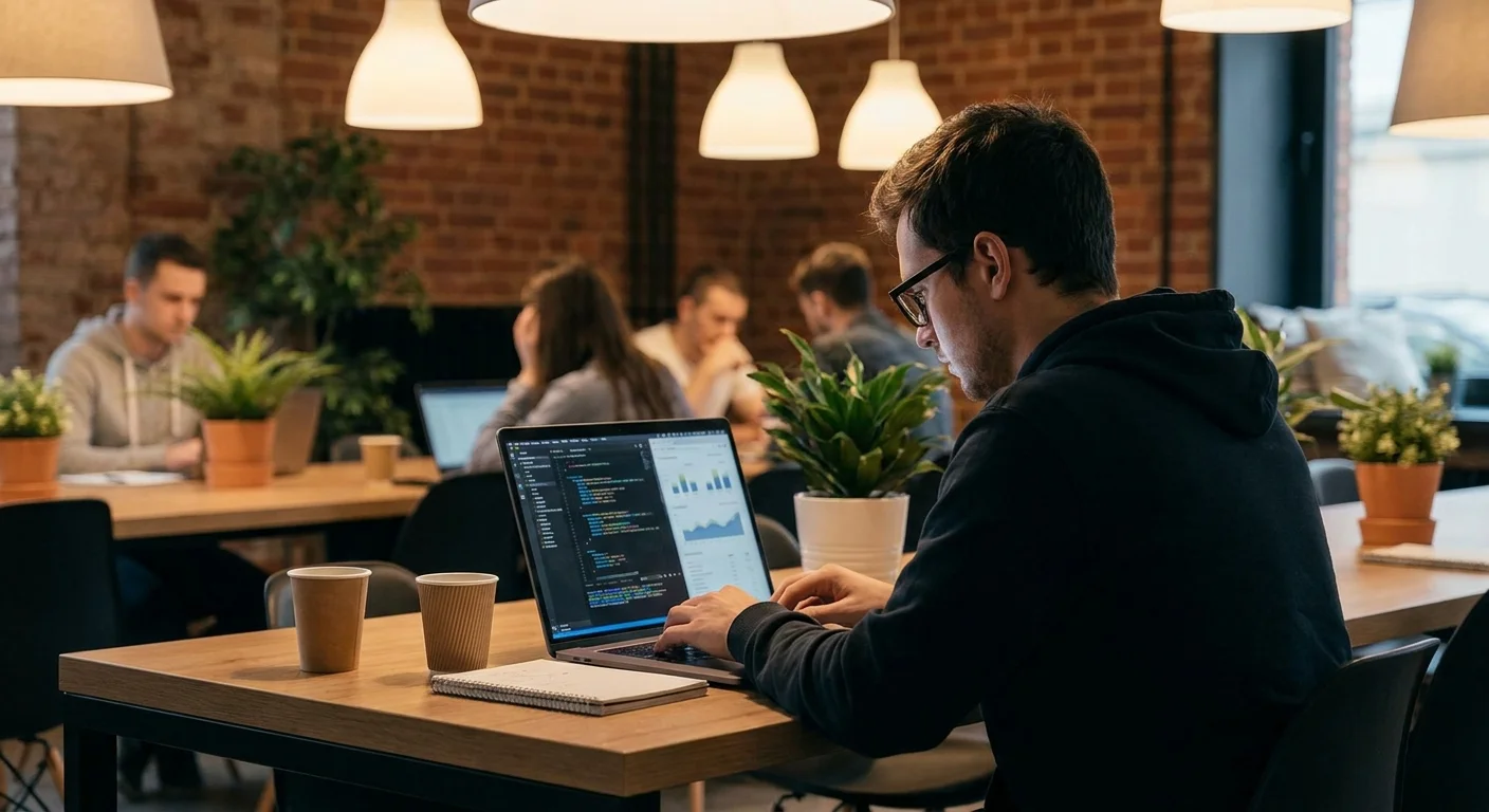 Web developer working on website structure and SEO audit results on a laptop in a co-working space