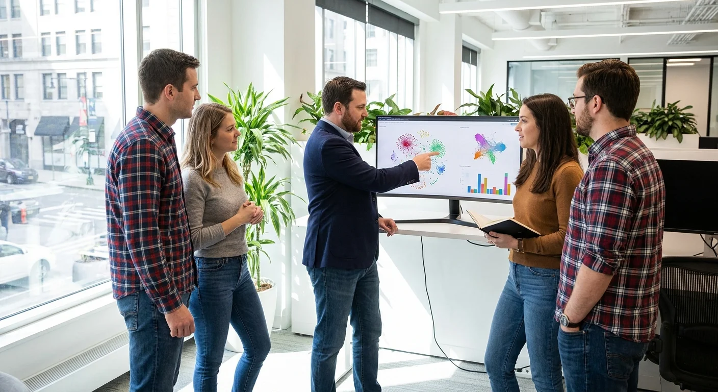 SEO team collaborating and analyzing website data on a large monitor in a bright modern office